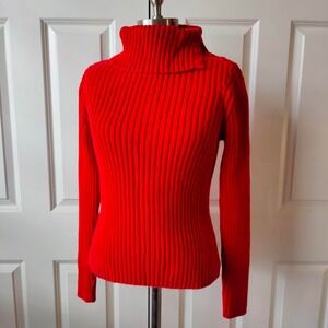 Preppy Heritage Red Holiday Thick Knit Funnel Neck Cotton Sweater Button Medium